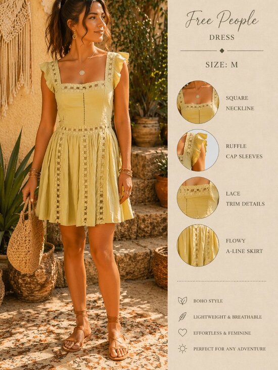 Free People Dresses & Skirts - Free People FP One Verona Mini Dress SZM Lace Square Neck Romantic Yellow